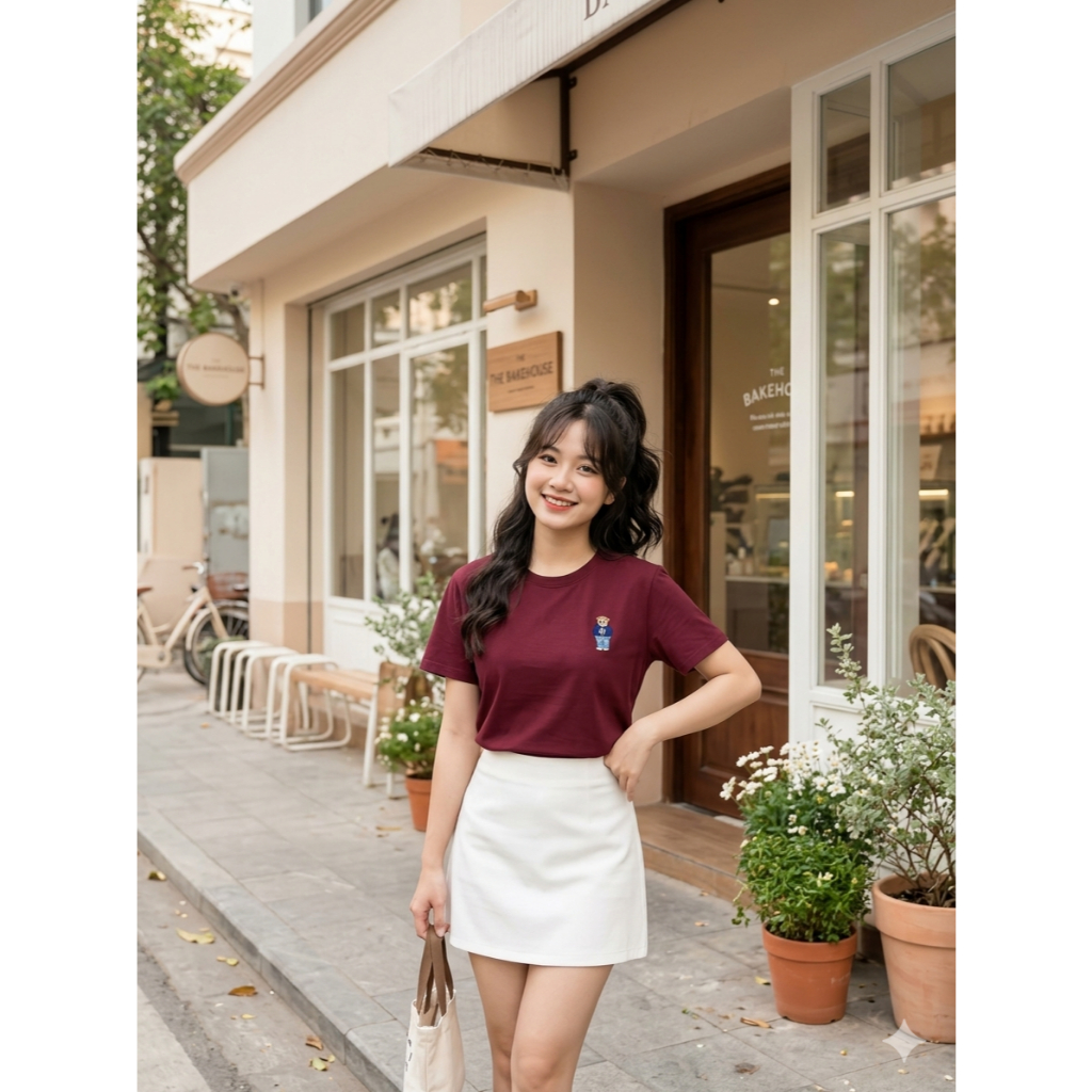 Áo Thun/Phông trơn Nữ cổ tròn Form rộng, vải Cotton lạnh, co dãn nhẹ, đứng form, không nhăn, dễ phối đồ, logo Gấu