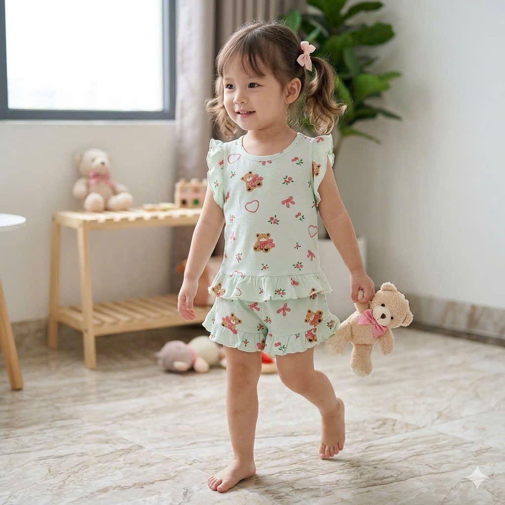 Bộ đùi bé gái vải sợi sồi Modal Lá Homewear MODL1, đồ bộ cộc tay mặc hè bé gái tay bèo dễ thương