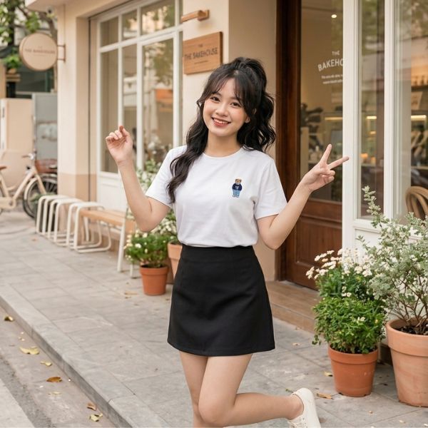 Áo Thun/Phông trơn Nữ cổ tròn Form rộng, vải Cotton lạnh, co dãn nhẹ, đứng form, không nhăn, dễ phối đồ, logo Gấu