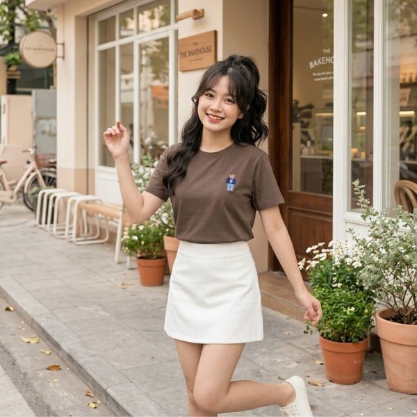 Áo Thun/Phông trơn Nữ cổ tròn Form rộng, vải Cotton lạnh, co dãn nhẹ, đứng form, không nhăn, dễ phối đồ, logo Gấu