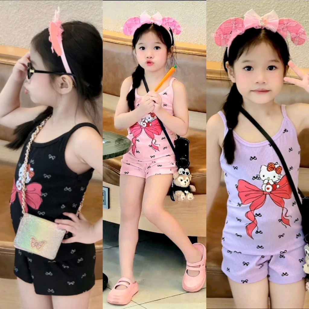 Sét bộ áo dây cho bé gái,áo dây in hình nơ,chất vải thun tăm co giãn thoải mái cho bé.M79