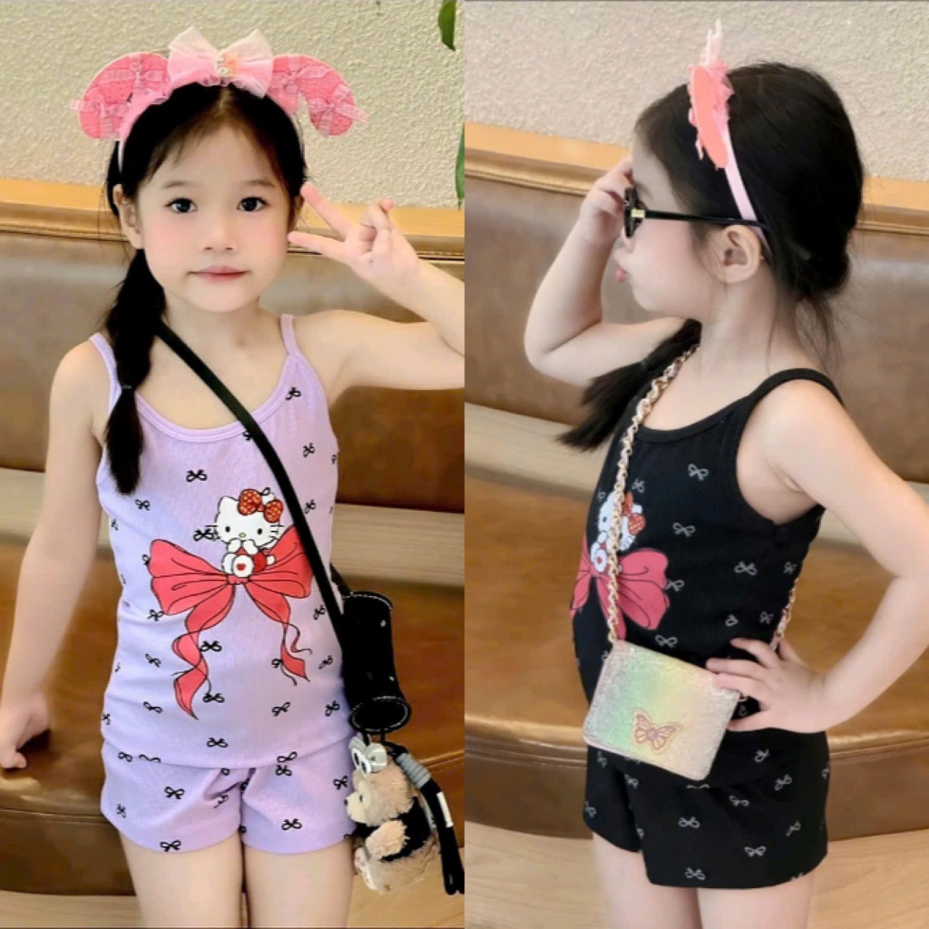 Sét bộ áo dây cho bé gái,áo dây in hình nơ,chất vải thun tăm co giãn thoải mái cho bé.M79