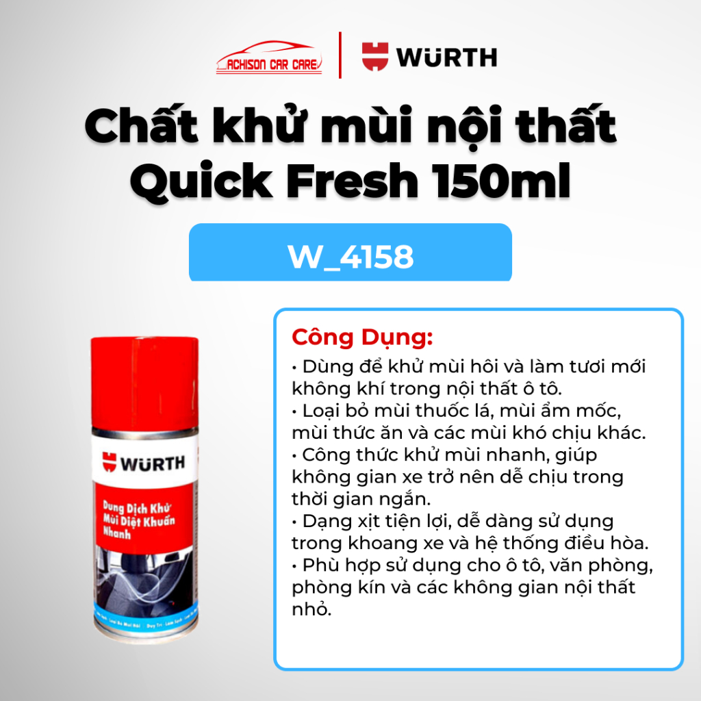 WURTH CHẤT KHỬ MÙI QUICK FRESH  150ML 4158 LÀM SẠCH KHỬ HÔI GIỮ KHÔNG GIAN XE THƠM MÁT
