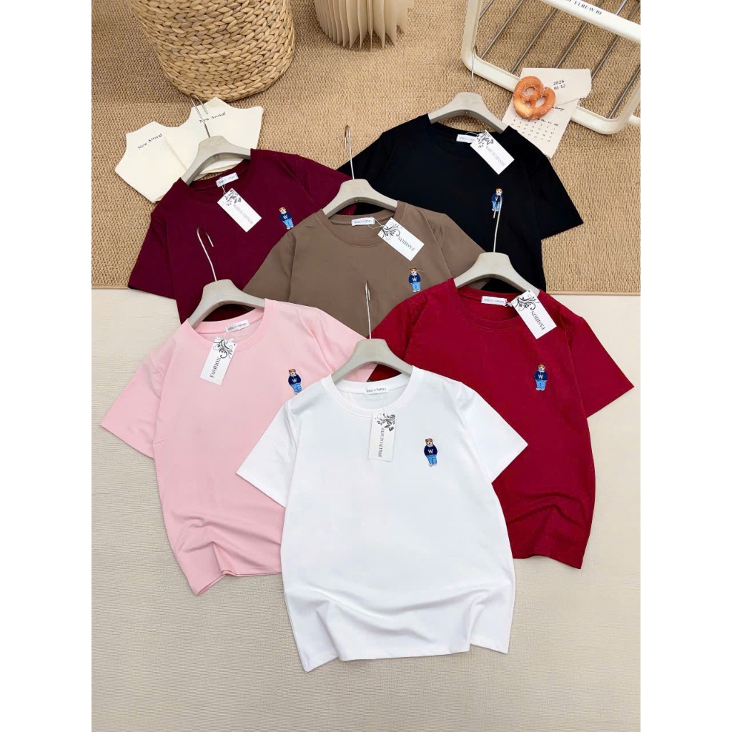 Áo Thun/Phông trơn Nữ cổ tròn Form rộng, vải Cotton lạnh, co dãn nhẹ, đứng form, không nhăn, dễ phối đồ, logo Gấu