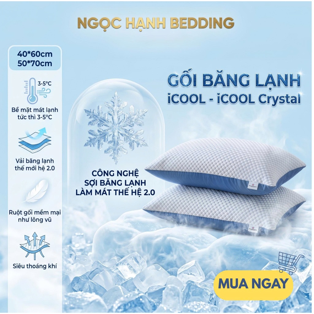 Gối Băng Lạnh Lông vũ mát lạnh ICOOL, không xù lông, mềm mại, thoáng khí - Ngọc Hạnh Bedding