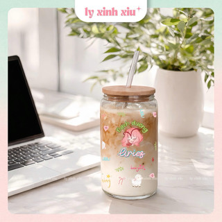 Ly Thủy Tinh 500ml Nắp Gỗ 12 Cung Hoàng Đạo 🎁 Cốc Uống Nước Cute – Quà Tặng Sinh Nhật, Bạn Gái