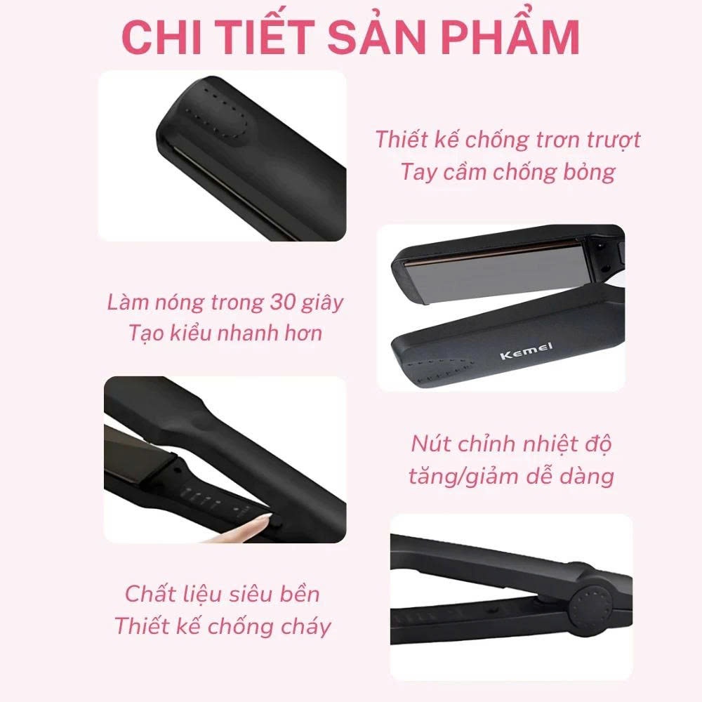 Máy Duỗi Uốn Tóc Kemei KM329 Mini, 4 Mức Nhiệt, Tạo Kiểu Đa Năng, Không Gây Xước Tóc