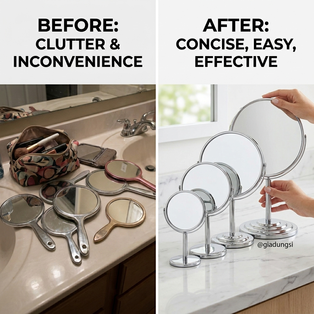 Gương mini trang điểm để bàn văn phòng 2 mặt có phóng to xoay 360 độ bằng inox | BigBuy360 - bigbuy360.vn