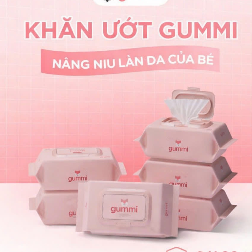 Thùng 10 gói khăn ướt Gummi 80 Tờ không cồn, không parabens cao cấp dành cho em bé