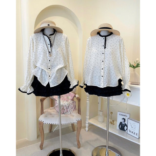 SEP House - Set áo hoa nhí cài nút tay dài viền ren đen phối chân váy đen xoè tầng tiểu thư trẻ trung - Hàng loại 1