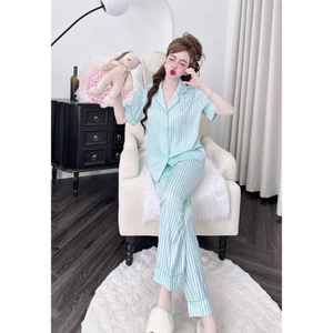Đồ nữ mặc nhà áo tay ngắn quần dài phối màu trơn sang chảnh mẫu chất lụa latin
