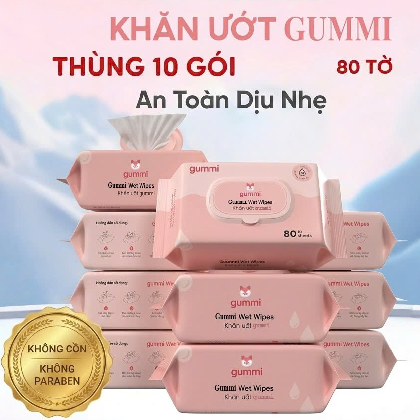 Thùng 10 gói khăn ướt Gummi không cồn, không parabens gói 80 tờ dành cho bé AMIZIN