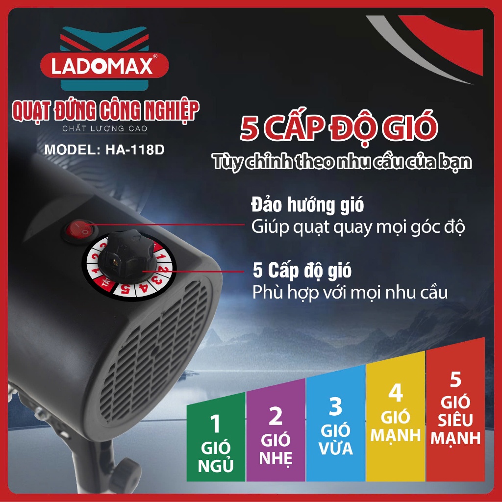 Quạt Đứng Công Nghiệp LADOMAX 145W - Motor 100% Lõi Đồng, 5 Tốc Độ Gió, Bảo Hành 24 Tháng Chính Hãng AnnaZone
