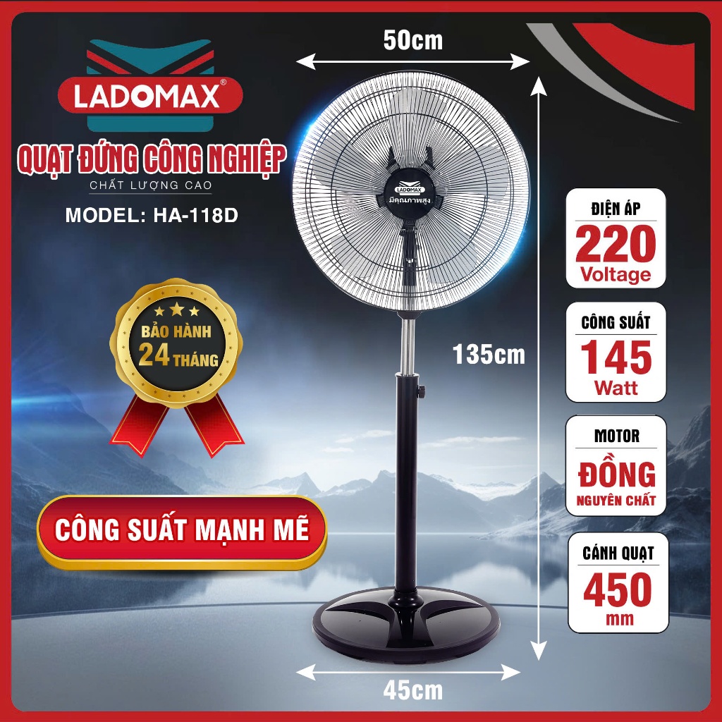 Quạt Đứng Công Nghiệp LADOMAX 145W - Motor 100% Lõi Đồng, 5 Tốc Độ Gió, Bảo Hành 24 Tháng Chính Hãng AnnaZone