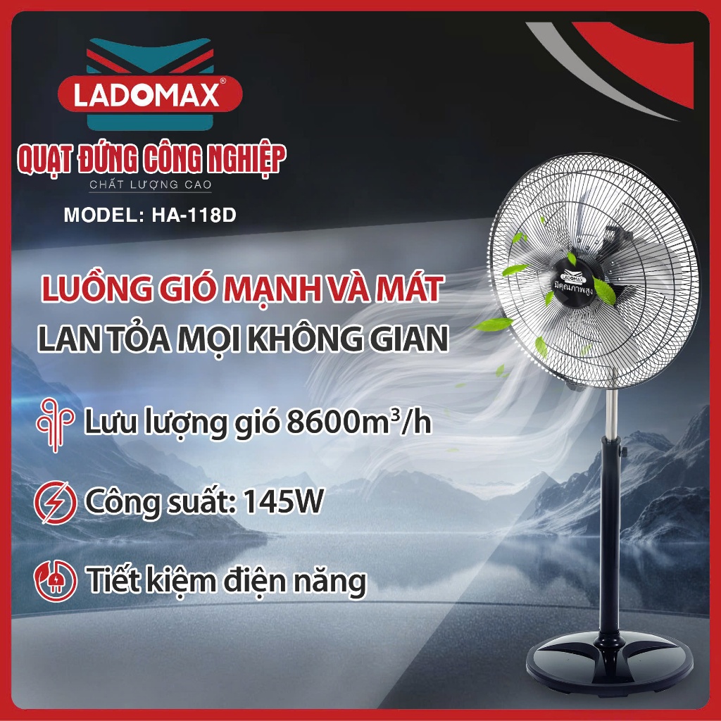 Quạt Đứng Công Nghiệp LADOMAX 145W - Motor 100% Lõi Đồng, 5 Tốc Độ Gió, Bảo Hành 24 Tháng Chính Hãng AnnaZone