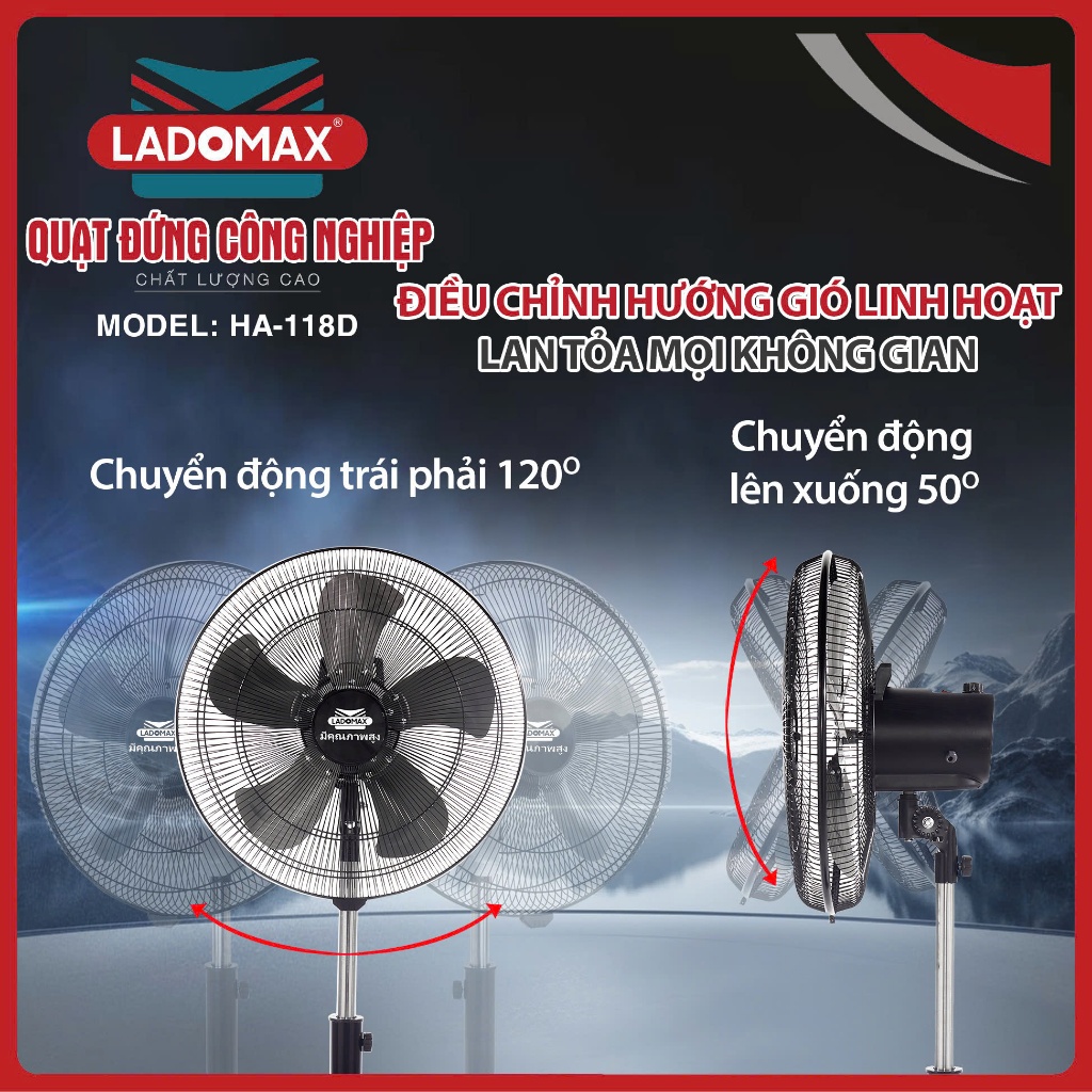 Quạt Đứng Công Nghiệp LADOMAX 145W - Motor 100% Lõi Đồng, 5 Tốc Độ Gió, Bảo Hành 24 Tháng Chính Hãng AnnaZone