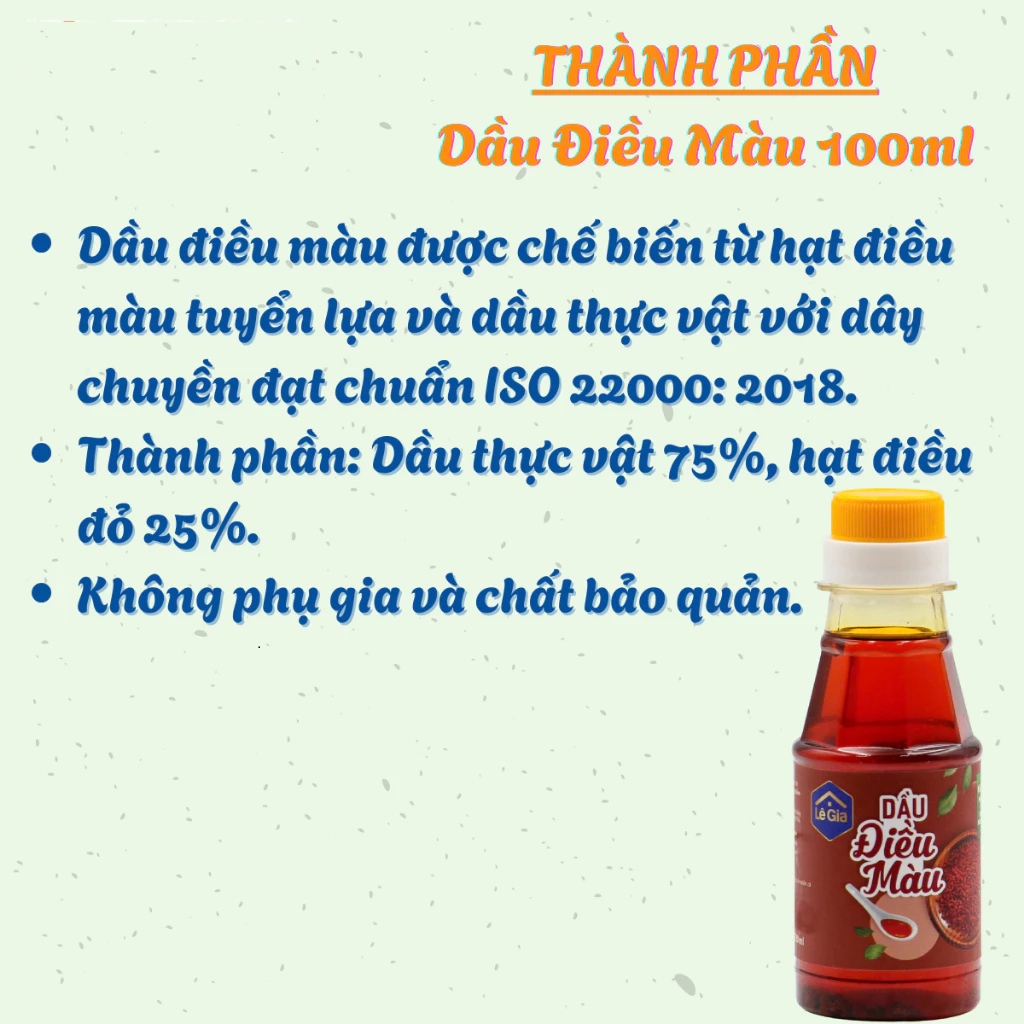 Dầu Điều Màu LÊ GIA Tạo Màu Cho Món Ăn Chai Nhựa 100ml