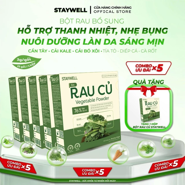 [Mua 5 hộp tặng 1 hộp] Combo x5 hộp Bột Rau Cần Tây Cải Xoăn Bó Xôi Diếp Cá Tía Tô STAYWELL ( Hộp 15 gói x 3g )