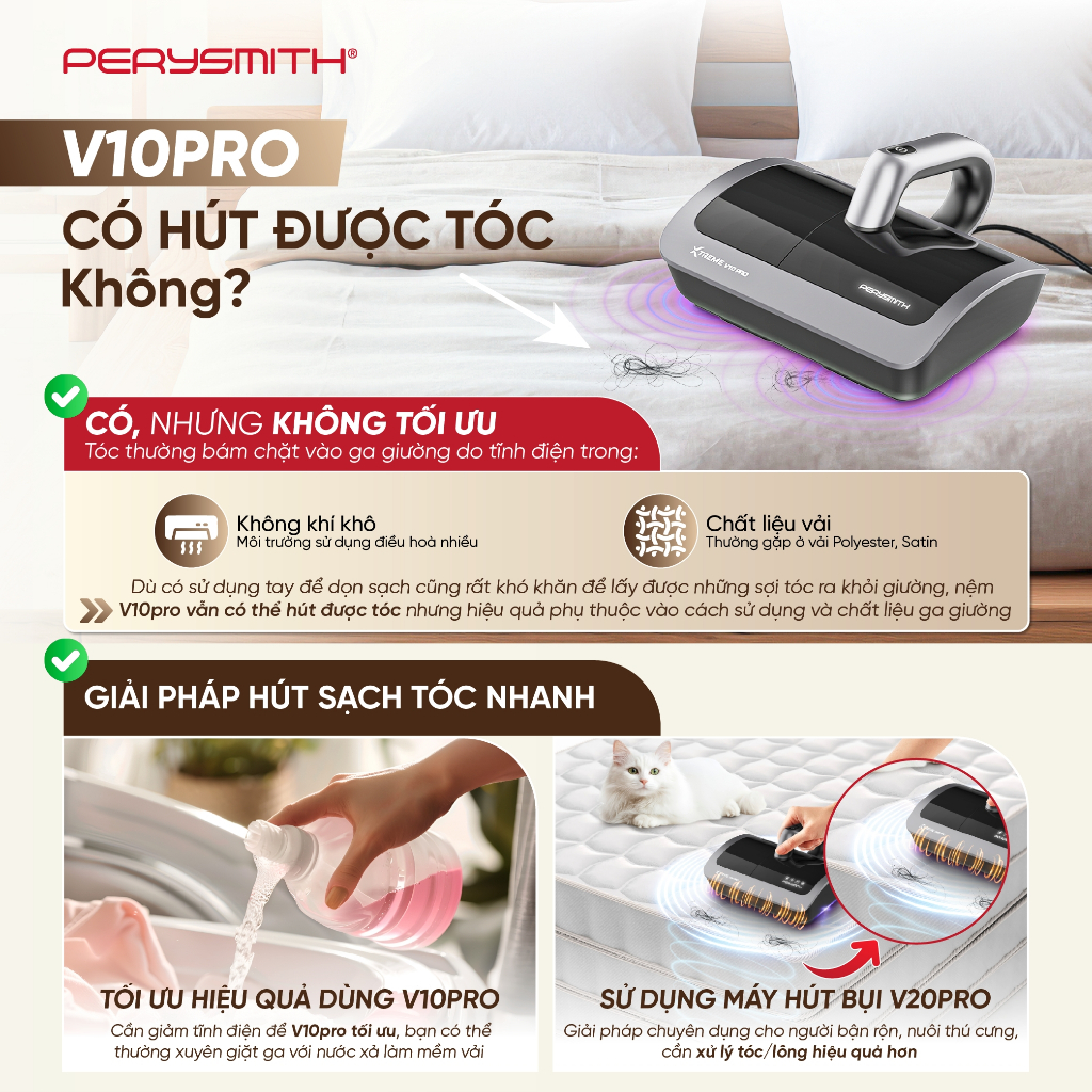 [N]Máy Hút Bụi Giường Nệm Cầm Tay Có Dây PerySmith V10Pro Lực Hút 19k PA Đèn Tia UV Diệt Khuẩn | BigBuy360 - bigbuy360.vn