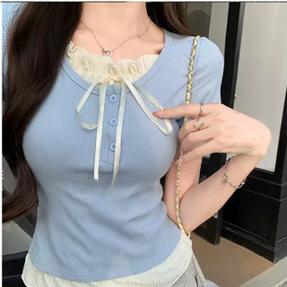 Áo thun tay ngắn croptop viền ren cột nơ đen xanh pastel xinh ôm body VANISA CT228