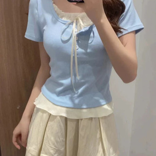 Áo thun tay ngắn croptop viền ren cột nơ đen xanh pastel xinh ôm body VANISA CT228