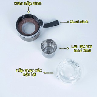 Bình thủy tinh Nhật Bản TAKASHI - Chịu nhiệt tốt , có lọc chặn bã trà , dung tích lớn, tặng túi vải