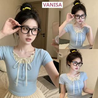 Áo thun tay ngắn croptop viền ren cột nơ đen xanh pastel xinh ôm body VANISA CT228