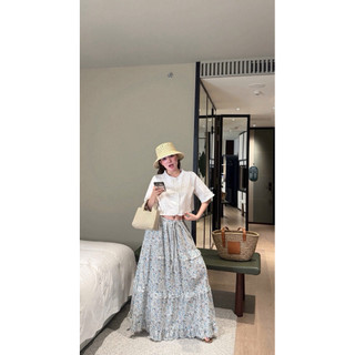 Set Bộ Thô Áo Croptop Trắng Bèo Viền Mix Chân Váy Hoa Nhí Tiểu Thư