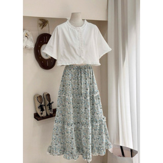 Set Bộ Thô Áo Croptop Trắng Bèo Viền Mix Chân Váy Hoa Nhí Tiểu Thư