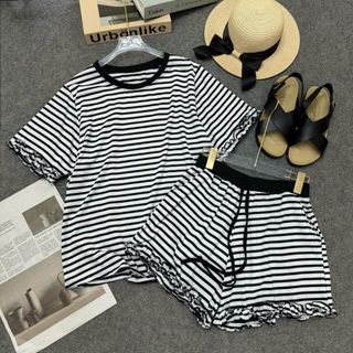 Set đồ bộ sọc nữ bigsize áo thun tay ngắn + quần short bèo dễ thương, mặc nhà thoải mái, form rộng mát mẻ SET868