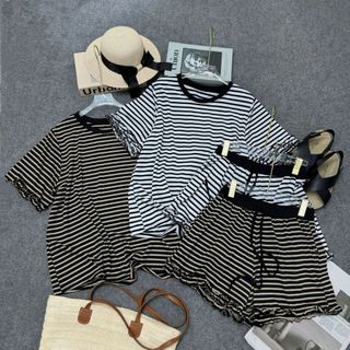 Set đồ bộ sọc nữ bigsize áo thun tay ngắn + quần short bèo dễ thương, mặc nhà thoải mái, form rộng mát mẻ SET868