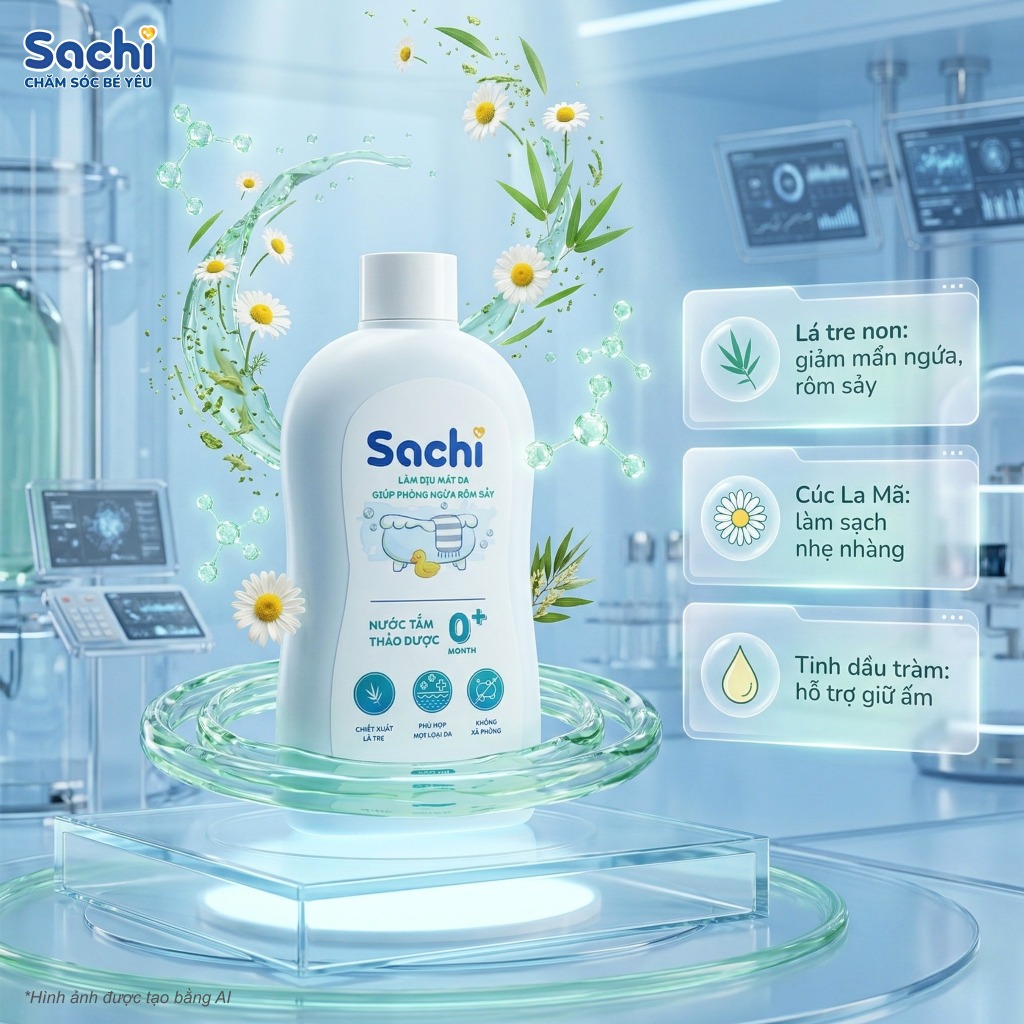 Nước tắm thảo dược SACHI dịu mát, phòng rôm sảy, mẩn ngứa, hăm tã, bảo vệ da cho bé - 250ml