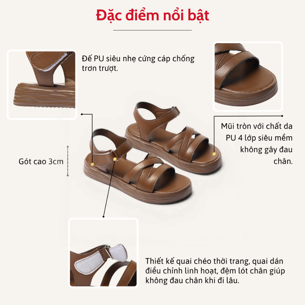 Giày Sandal Nữ Đế Bánh Mì 3cm Quai Dán Siêu Nhẹ Thời Trang Pixie H454