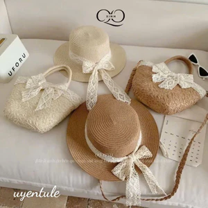 Set túi mũ cói mùa hè thời trang