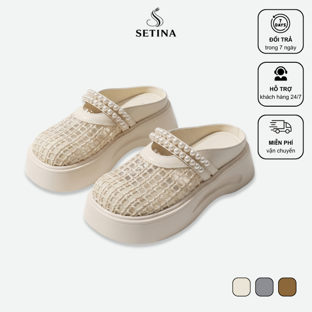 Giày Sục Nữ Đế Cao 5cm SETINA Quai Đôi Đính Ngọc Trai Phối Lưới Êm Chân Xinh Xắn (315)