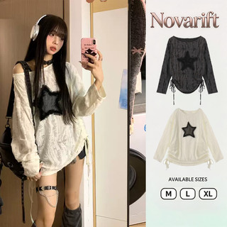 Nova-Áo thun nữ dài tay lệch vai quyến rũ, thiết kế dây rút dáng rộng, áo kiểu nữ, áo rách nữ trễ vai ngôi sao
