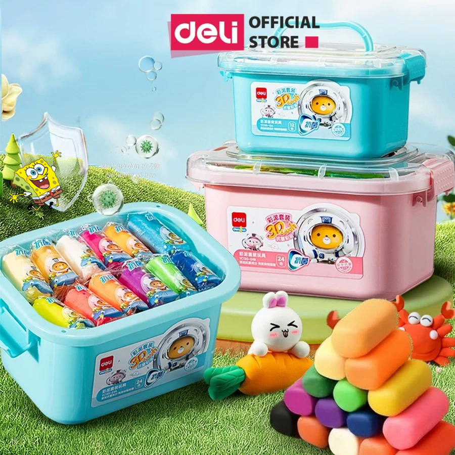 [Tặng Khuôn] Bộ đất nặn 12/24 Màu An Toàn Deli Đất Nặn Chất Liệu Hữu Cơ An Toàn Tặng Kèm Khuôn Nhựa Màu Sắc Tươi Sáng