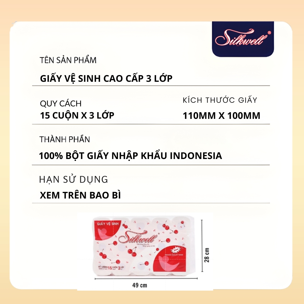 [HỎA TỐC] Giấy Vệ Sinh Silkwell Cherry Đỏ 15 Cuộn/3 Lớp Có Lõi - Siêu Dai, Tan Nhanh Trong Nước
