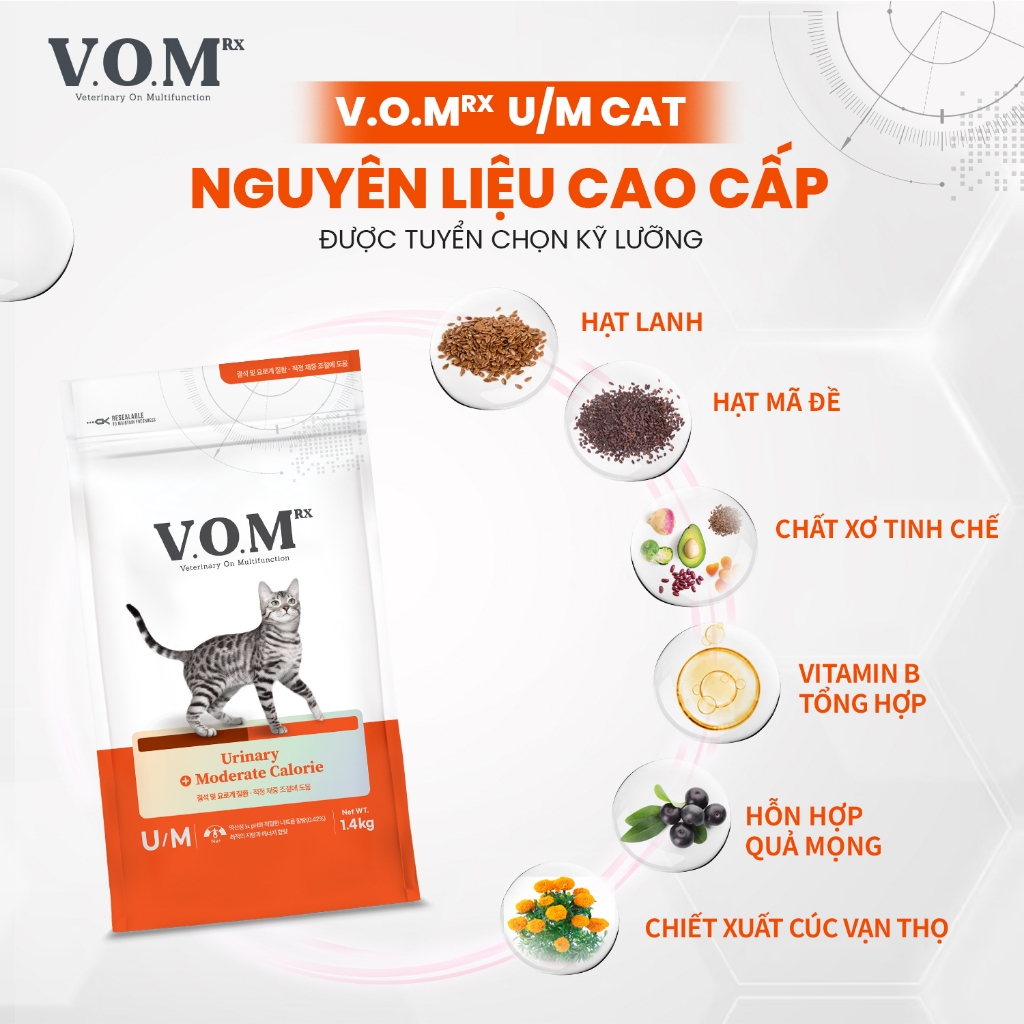 [1.4KG] V.O.M - Thức ăn hạt cho mèo hỗ trợ trị liệu cho đường tiết niệu và kiểm soát lượng calo VOM