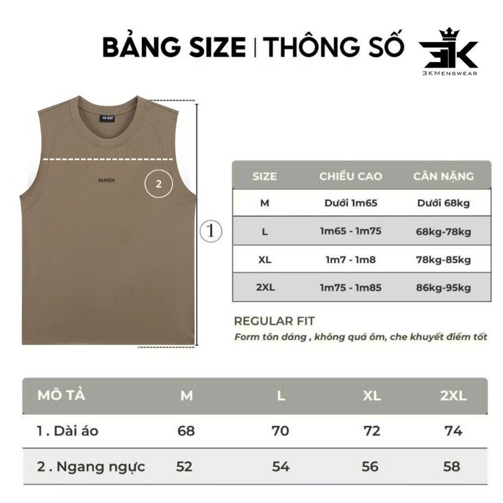 Áo Tanktop, Áo Sát Nách 3KMENSWEAR Chất Liệu Cotton Lạnh Mát Thấm Hút Tốt, Form từ 50 -85kg