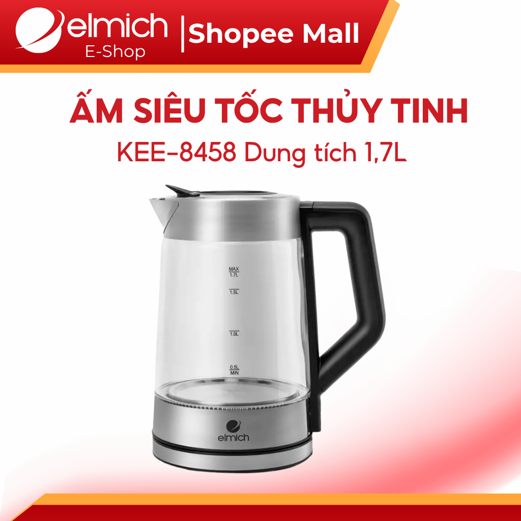 Ấm Siêu Tốc Thuỷ Tinh Elmich KEE-8458 | Dung Tích 1,7L - 2200W, Ấm Đun Siêu Tốc Elmich Chính Hãng