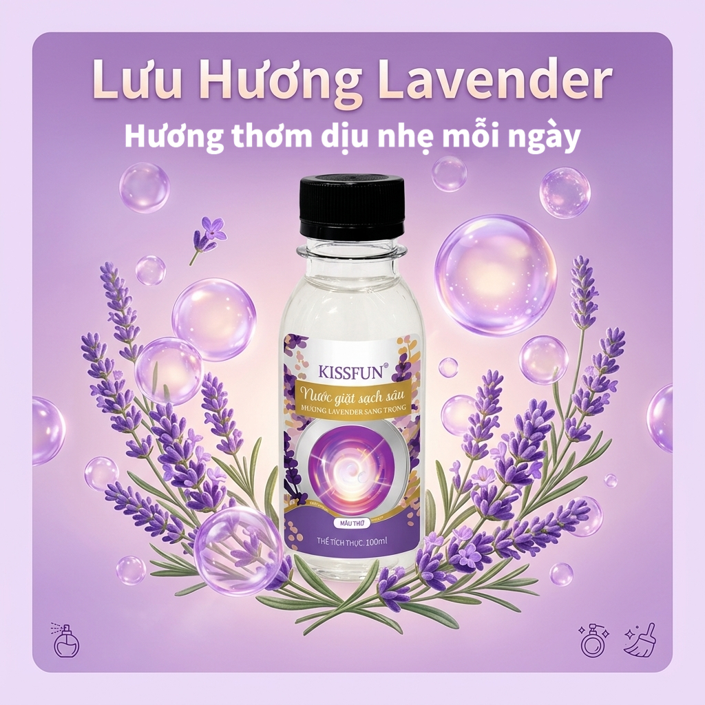 Nước giặt mini KISSFUN hương Lavender 100ml | Sạch sâu - Khử mùi mạnh - Lưu hương 72h