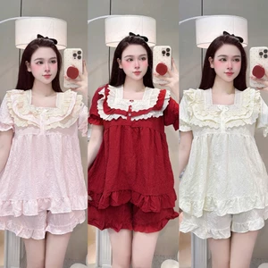 Bộ Đồ Ngủ Nữ JUSOKA Pijama DU05 Cổ Ren Phối Nơ Chất Đũi Gạo Siêu Dễ Thương Dành Cho Nữ