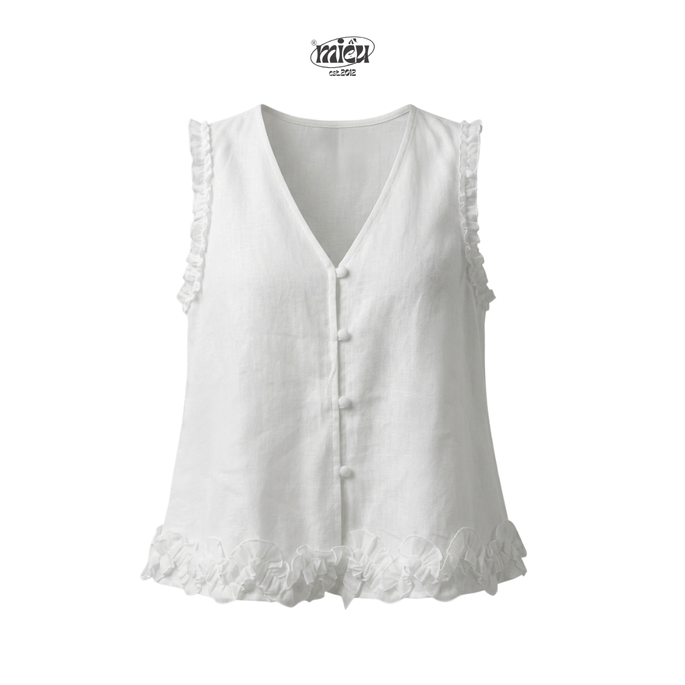 Áo babydoll trắng cổ v nút cài bèo rũ Dorami Miều Est.2013 không tay thắt eo nữ tính tiểu thư