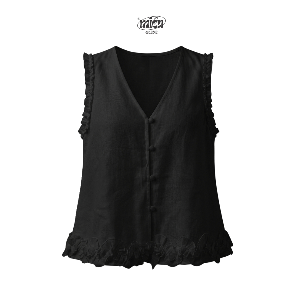 Áo babydoll trắng cổ v nút cài bèo rũ Dorami Miều Est.2013 không tay thắt eo nữ tính tiểu thư