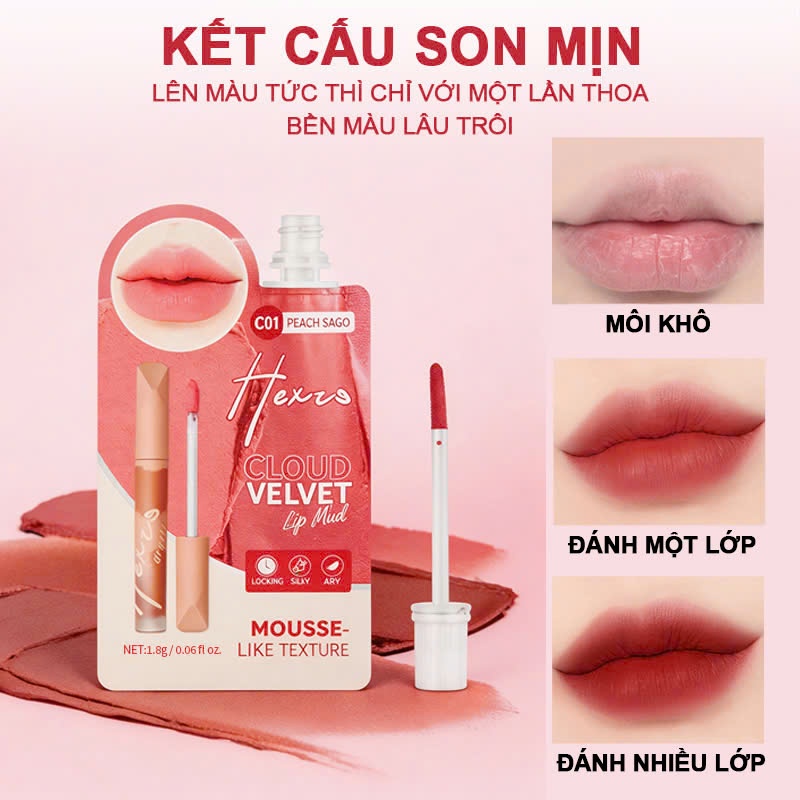 Son kem bùn dạng túi HEXZE CLOUD VELVET, hiệu ứng mịn lì như nhung, làm mờ rãnh môi cho đôi môi căng mọng