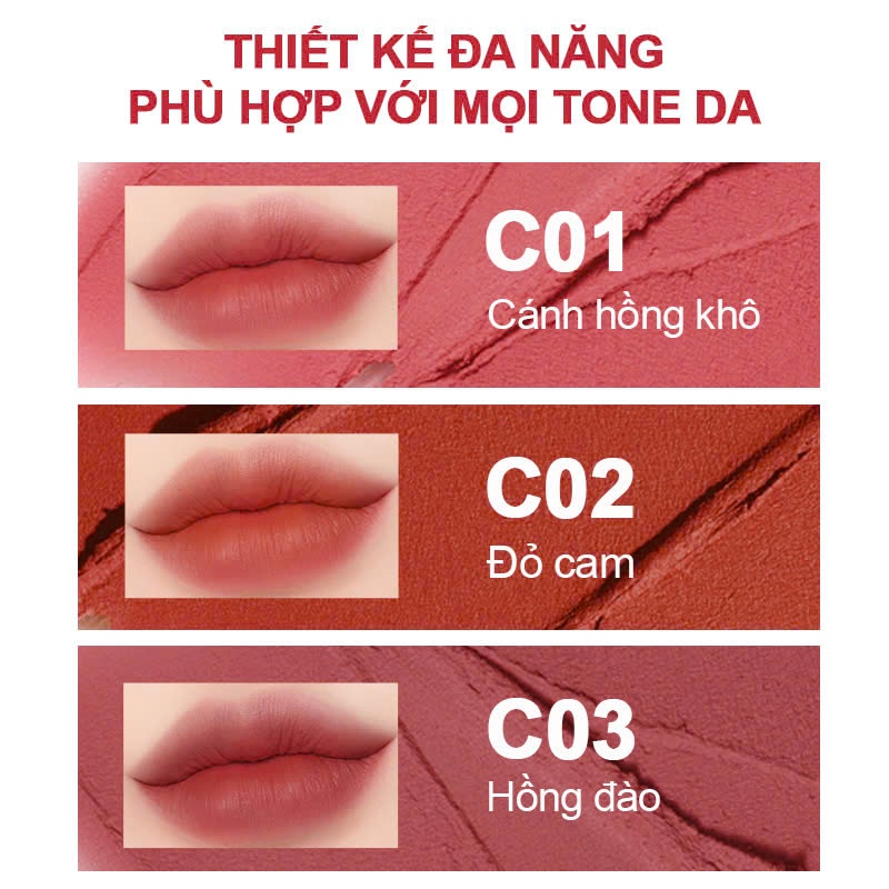 Son kem bùn dạng túi HEXZE CLOUD VELVET, hiệu ứng mịn lì như nhung, làm mờ rãnh môi cho đôi môi căng mọng