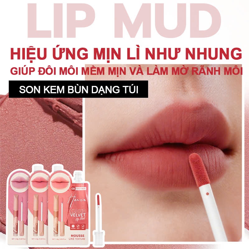 Son kem bùn dạng túi HEXZE CLOUD VELVET, hiệu ứng mịn lì như nhung, làm mờ rãnh môi cho đôi môi căng mọng
