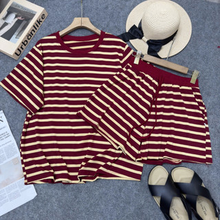 Đồ Bộ Bigsize Nữ Áo Phông tay Ngắn Kẻ Sọc Mix Quần Short Lưng Chun Bản Cho Chubby SET869