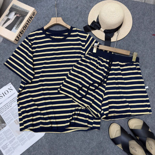 Đồ Bộ Bigsize Nữ Áo Phông tay Ngắn Kẻ Sọc Mix Quần Short Lưng Chun Bản Cho Chubby SET869